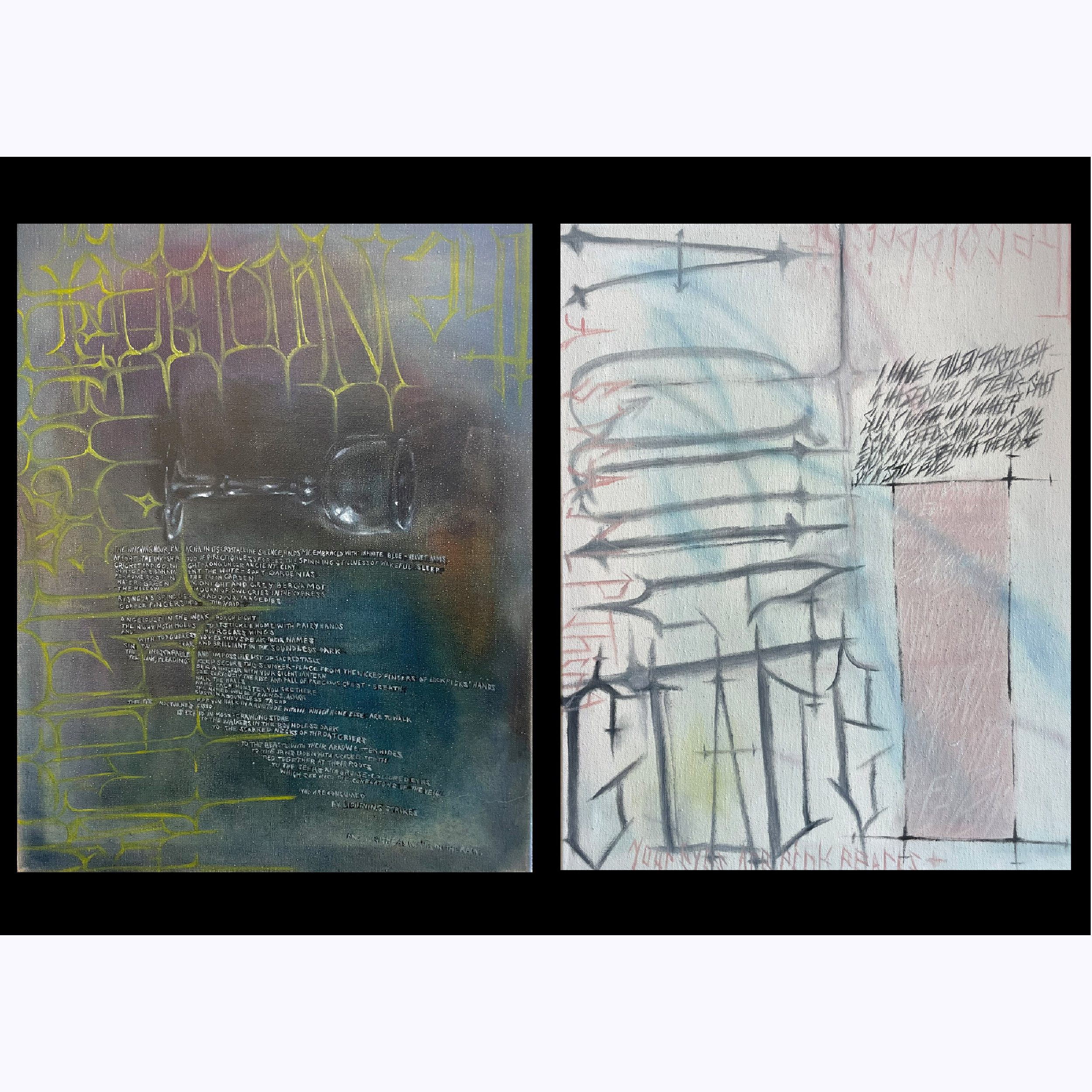 A painting in dark jewel tones with a dark purple glaze, comprised of decorative text, poetry, and the image of a glass (left) and A painting in pastel colors comprised of decorative text and poetry (right).